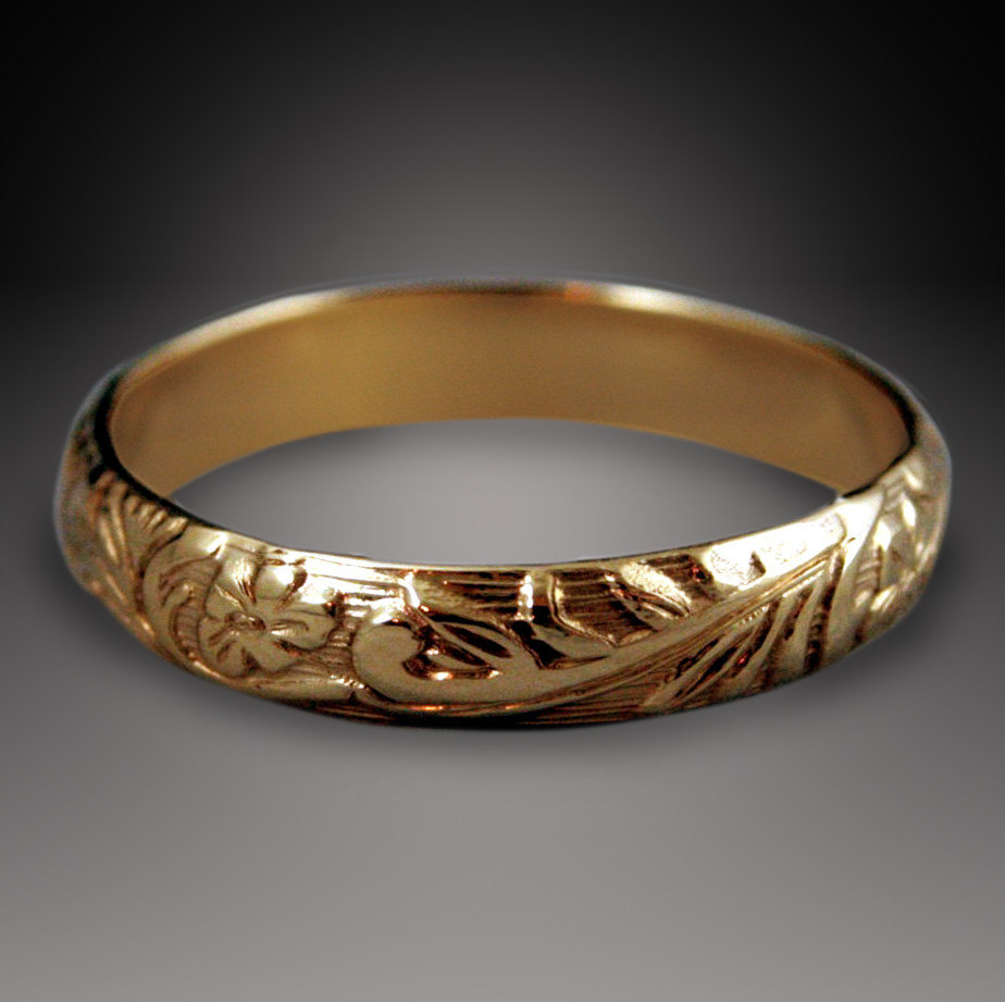 Solid 14K Gold Floral Wedding Band Solid Yellow Gold